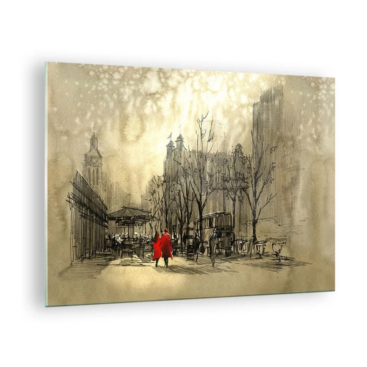 Obraz na skle - Rande v londýnskej hmle s prízvukom červeného kabáta - 70x50cm - Rande v londýnskej hmle  - Moderná nástenná dekorácia do obývacej izby a spálne ARTTOR