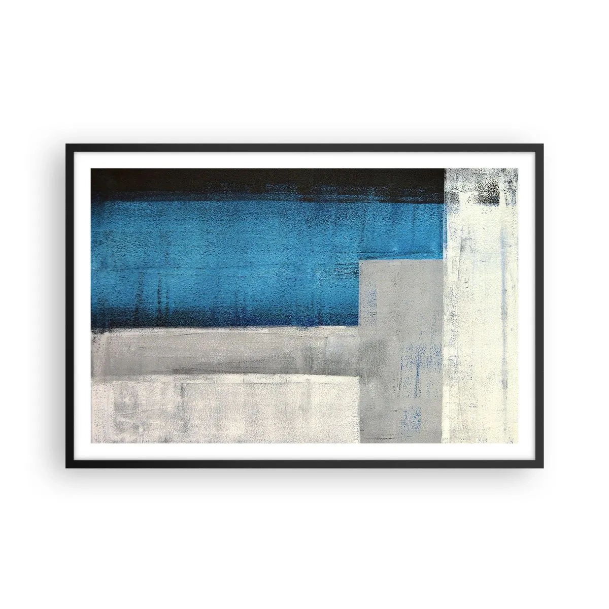 Plagát v čiernom ráme - Poetická kompozícia šedej a modrej - 91x61 cm