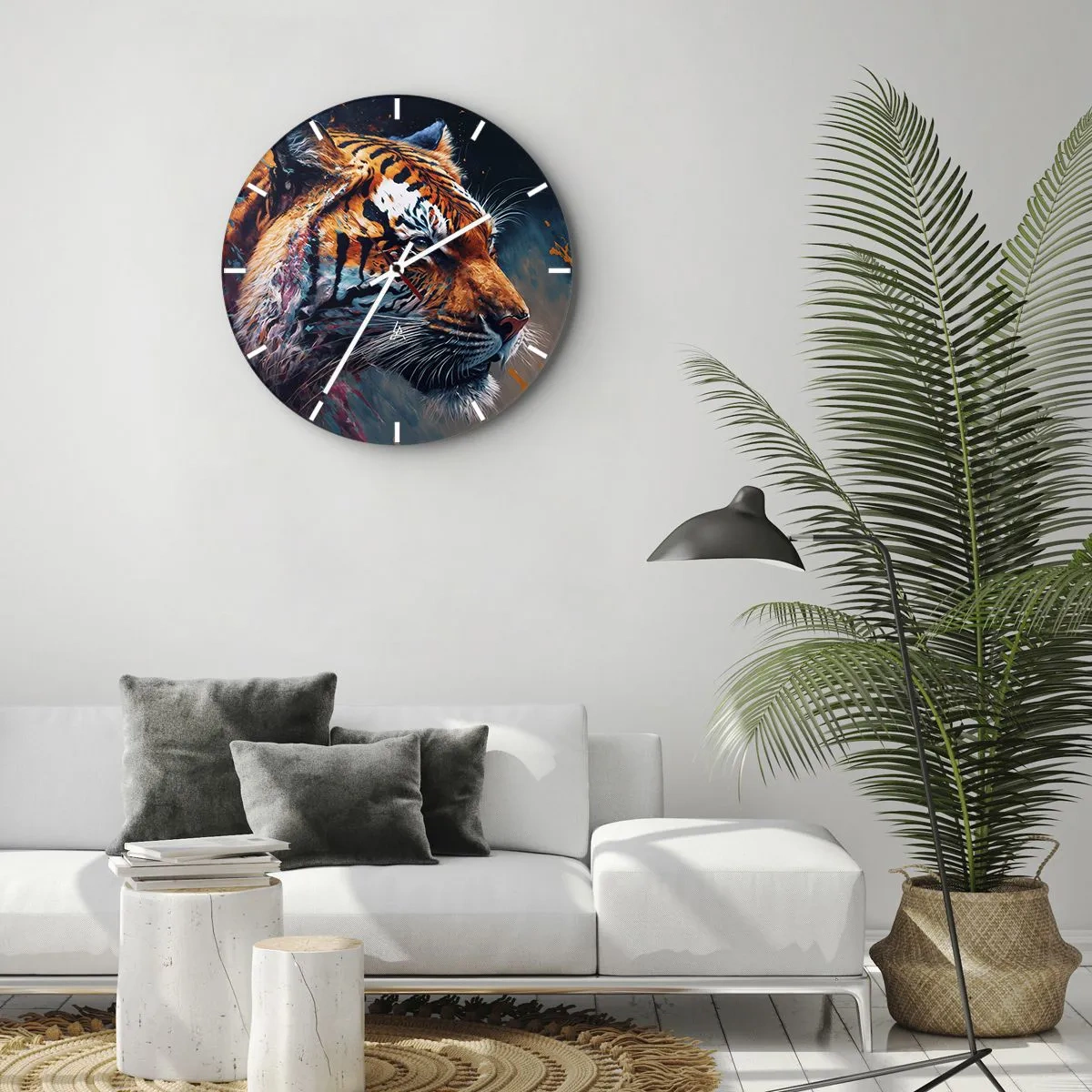 Nástenné hodiny - Portrét tigra v intenzívnych farbách s maliarskymi akcentmi - 30x30cm - Divoká krása - Moderná nástenná dekorácia do obývacej izby, kuchyne a spálne ARTTOR