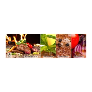 Vzorka samolepiacej fototapety Deluxe Sticker - Vykúzlené žiarou - Gastronómia, steak, Plamene ohňa - 100x30 cm