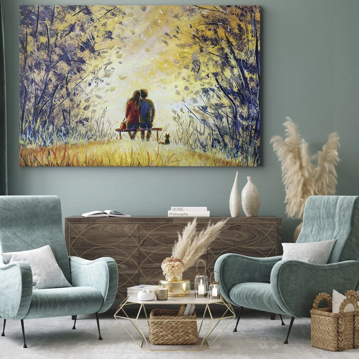 Obraz na plátne - Pár sedí na lavičke medzi jesennými stromami na slnečnom svetle - 70x50cm - Magický okamih - Moderná nástenná dekorácia do obývacej izby a spálne ARTTOR