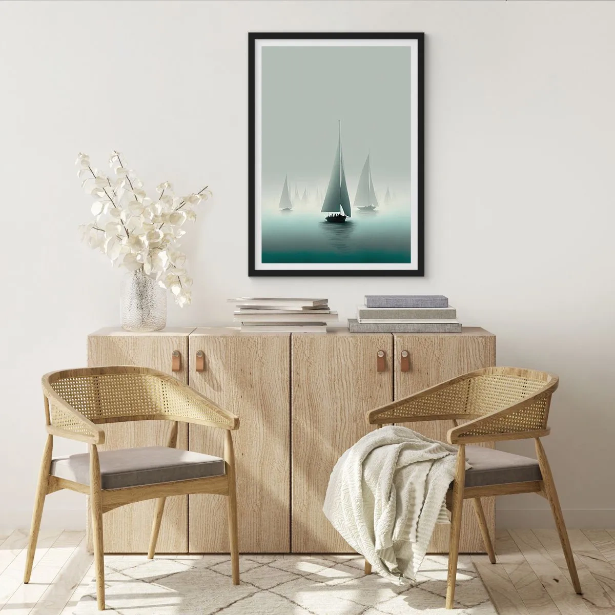 Plagát v čiernom ráme - Skupina plachetníc plaviacich sa po hmlistom mori, obklopených pokojnými vodami. - 50x70cm - Postavený z hmly - Moderná nástenná dekorácia do obývacej izby a spálne ARTTOR