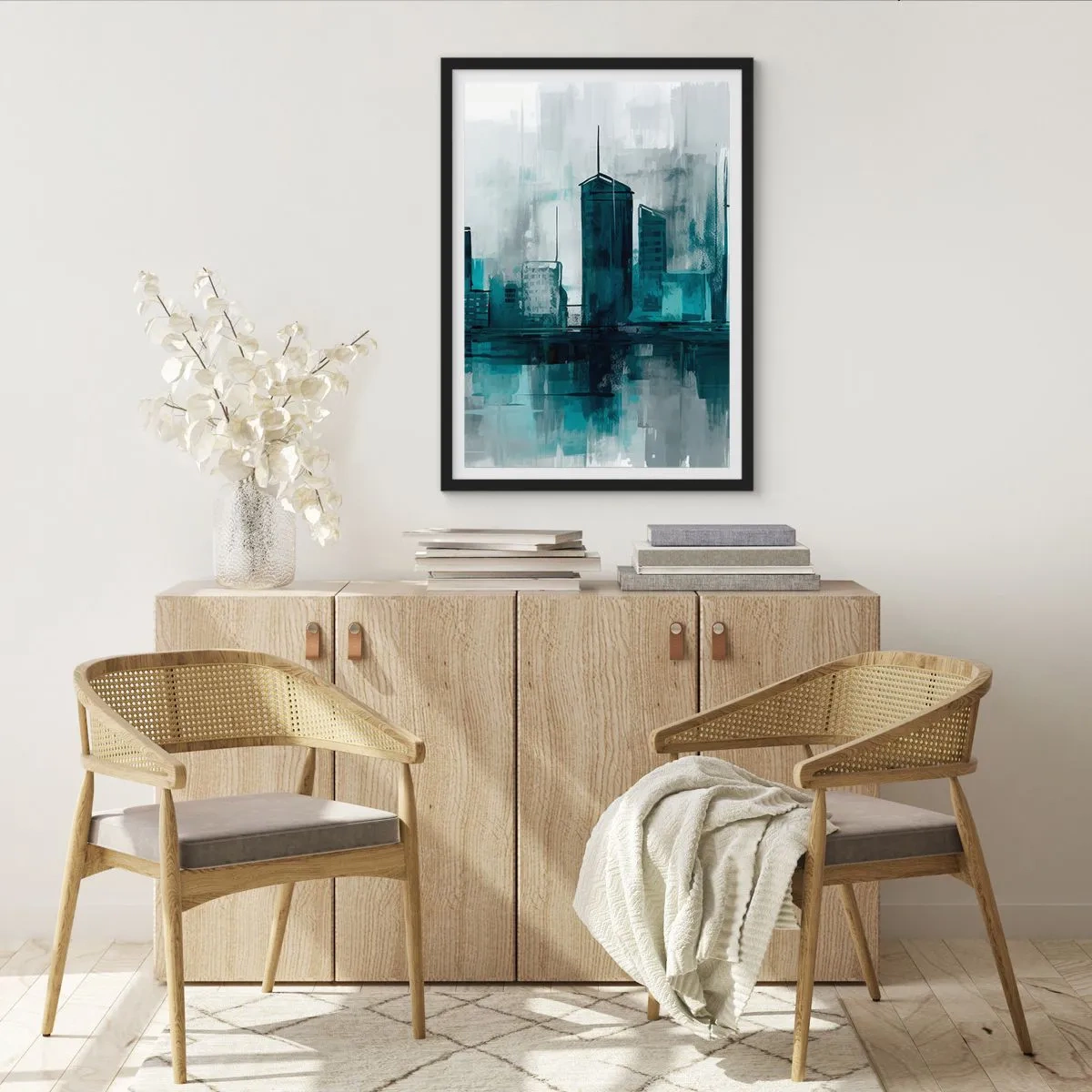 Plagát v čiernom ráme - Moderná panoráma mesta v odtieňoch modrej - 50x70cm - Mesto vo farbe dažďa - Moderná nástenná dekorácia do obývacej izby a spálne ARTTOR