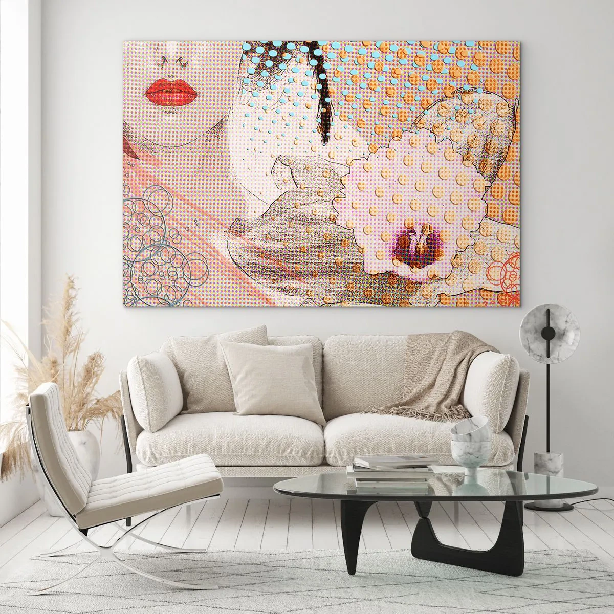 Obraz na skle - Ilustrácia portrétu ženy s kvetom v pozadí v štýle pop art - 70x50cm - Komiksový heroín - Moderná nástenná dekorácia do obývacej izby a spálne ARTTOR