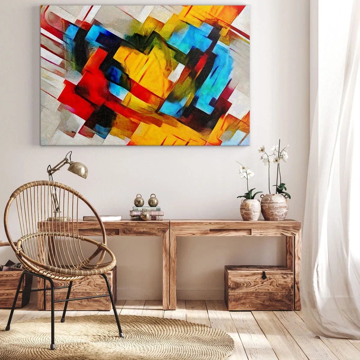 Obraz na plátne - Abstraktná geometrická kompozícia v živých farbách - 70x50cm - Viacfarebný mix - Moderná nástenná dekorácia do obývacej izby a spálne ARTTOR