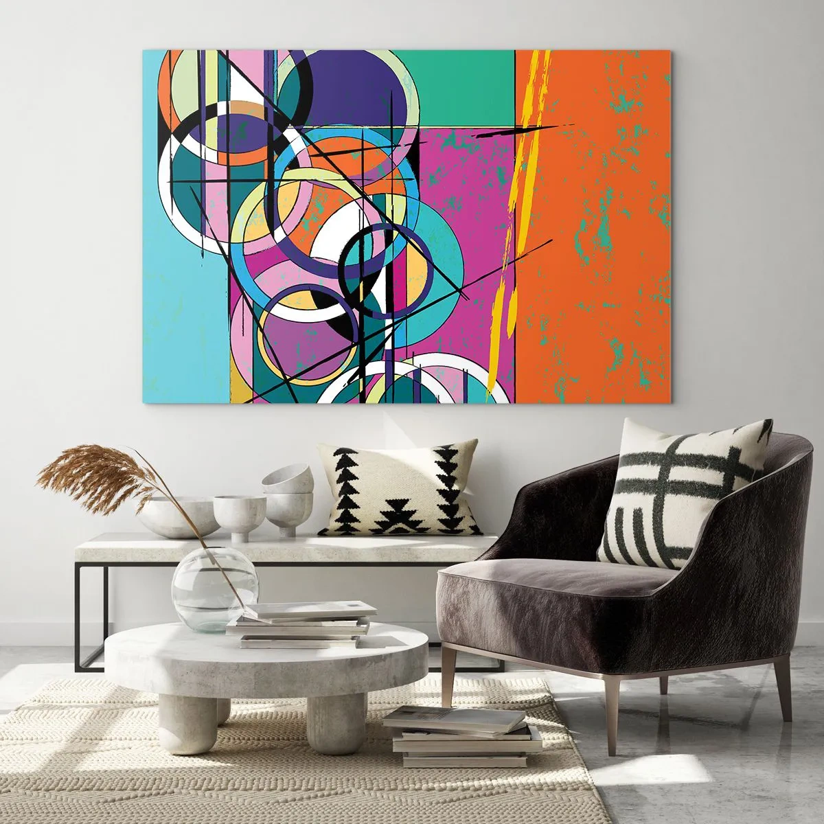 Obraz na skle - Farebná abstrakcia s geometrickými tvarmi a kruhmi - 70x50cm - Kruh za kruhom - Moderná nástenná dekorácia do obývacej izby a spálne ARTTOR