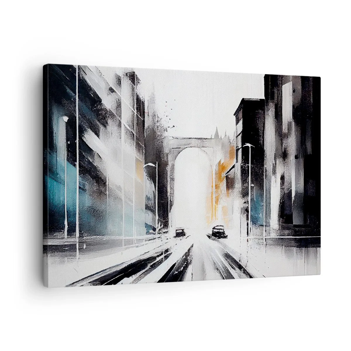Obraz na plátne - Abstraktná panoráma mesta s klenutým mostom - 70x50cm - Štúdia mesta: architektúra a pohyb - Moderná nástenná dekorácia do obývacej izby a spálne ARTTOR