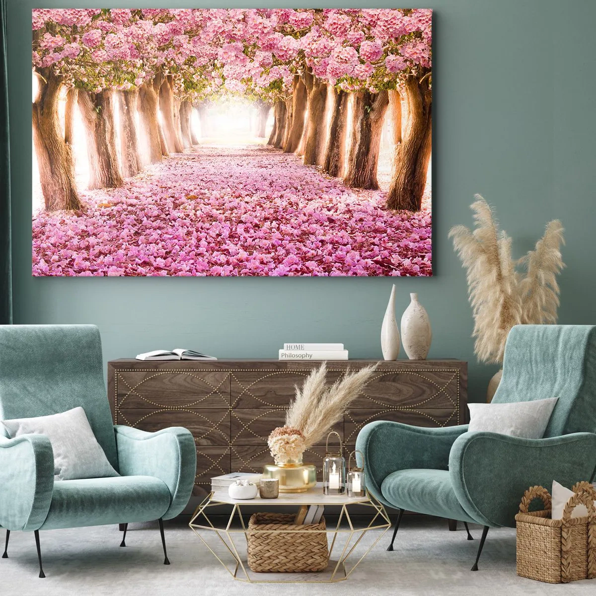 Obraz na plátne - Alej kvitnúcich stromov v odtieňoch ružovej - 70x50cm - Cesta do raja - Moderná nástenná dekorácia do obývacej izby a spálne ARTTOR