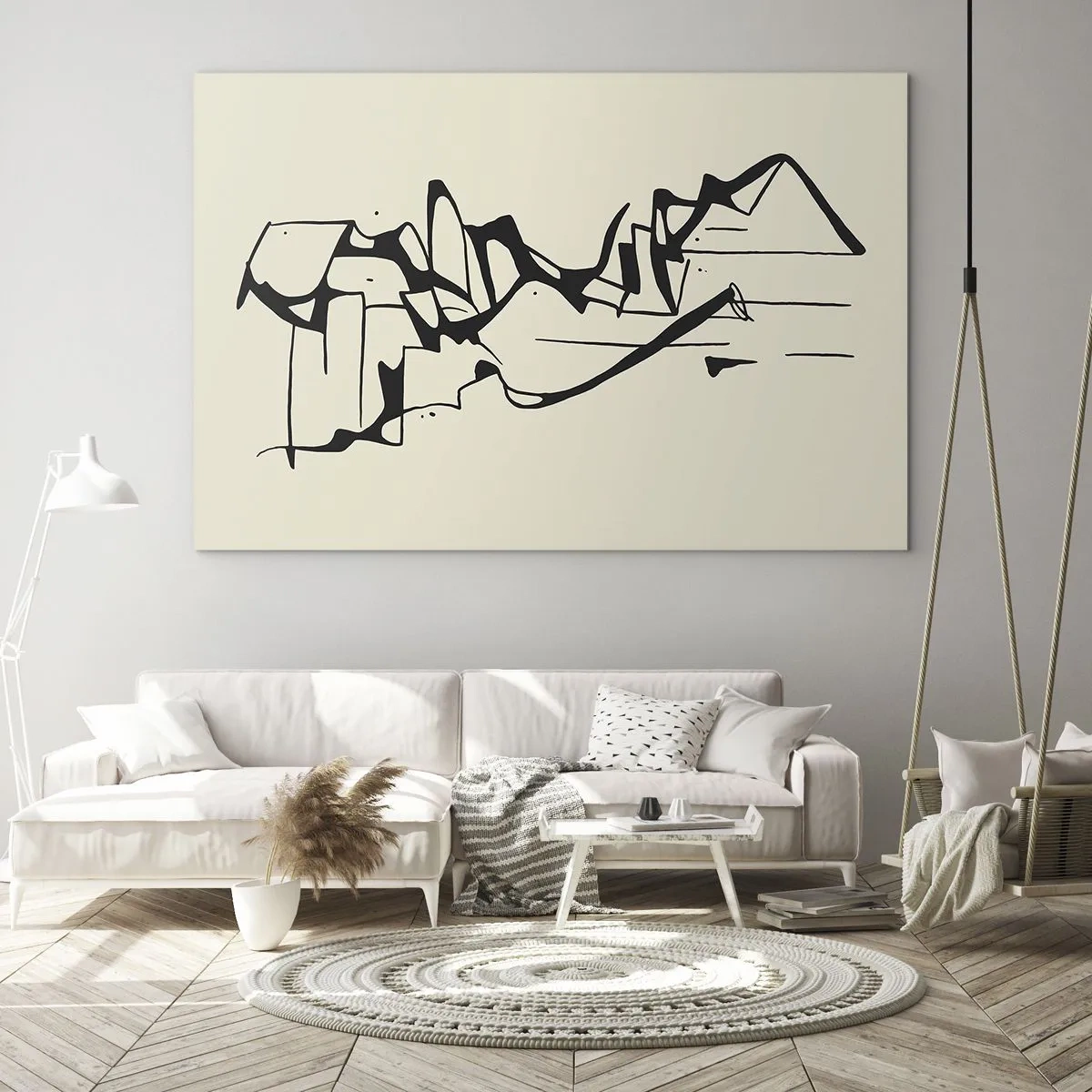 Obraz na skle - Abstraktná čiernobiela čiara tvoriaca obrys krajiny - 70x50cm - Možná krajina - Moderná nástenná dekorácia do obývacej izby a spálne ARTTOR