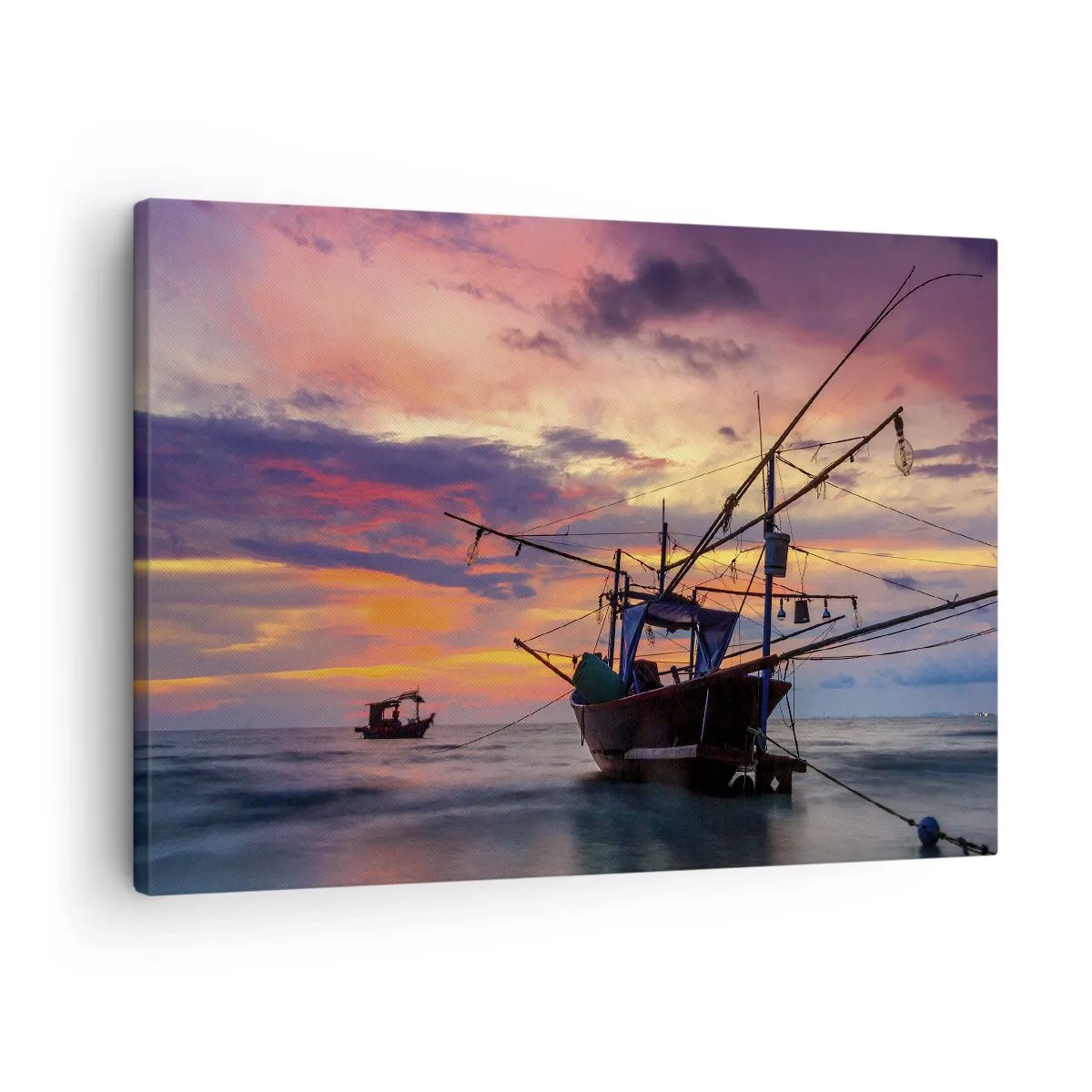 Obraz na plátne - Rybársky čln na pozadí farebného západu slnka - 70x50cm - Exotický večer - Moderná nástenná dekorácia do obývacej izby a spálne ARTTOR