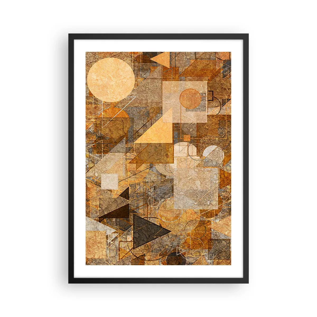 Plagát v čiernom ráme - Abstraktná geometrická kompozícia v odtieňoch hnedej a oranžovej - 50x70cm - Kubistické bronzové štúdium - Moderná nástenná dekorácia do obývacej izby a spálne ARTTOR