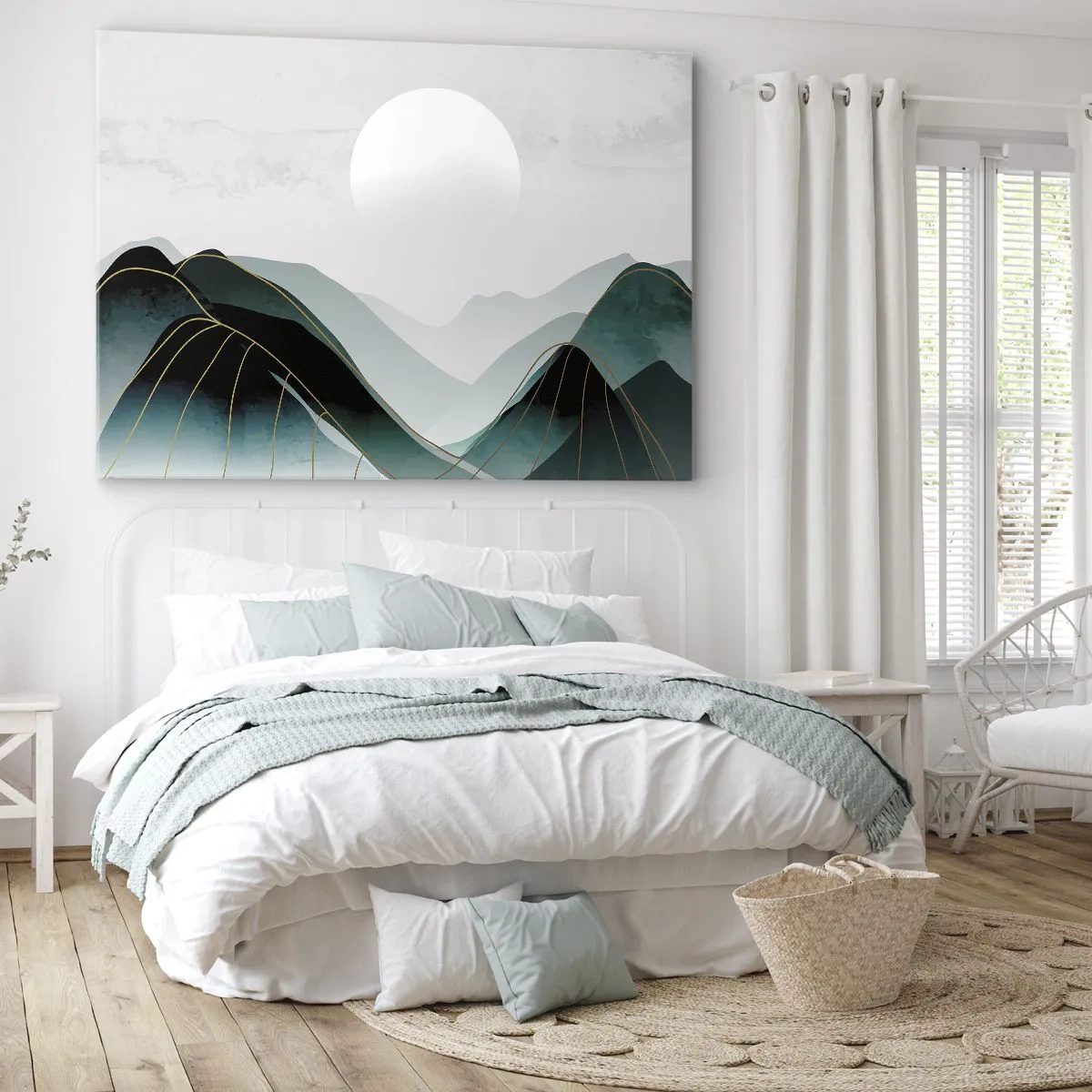Obraz na plátne - Abstraktná horská krajina s mesiacom a zlatými čiarami - 70x50cm - V plnom majestáte - Moderná nástenná dekorácia do obývacej izby a spálne ARTTOR
