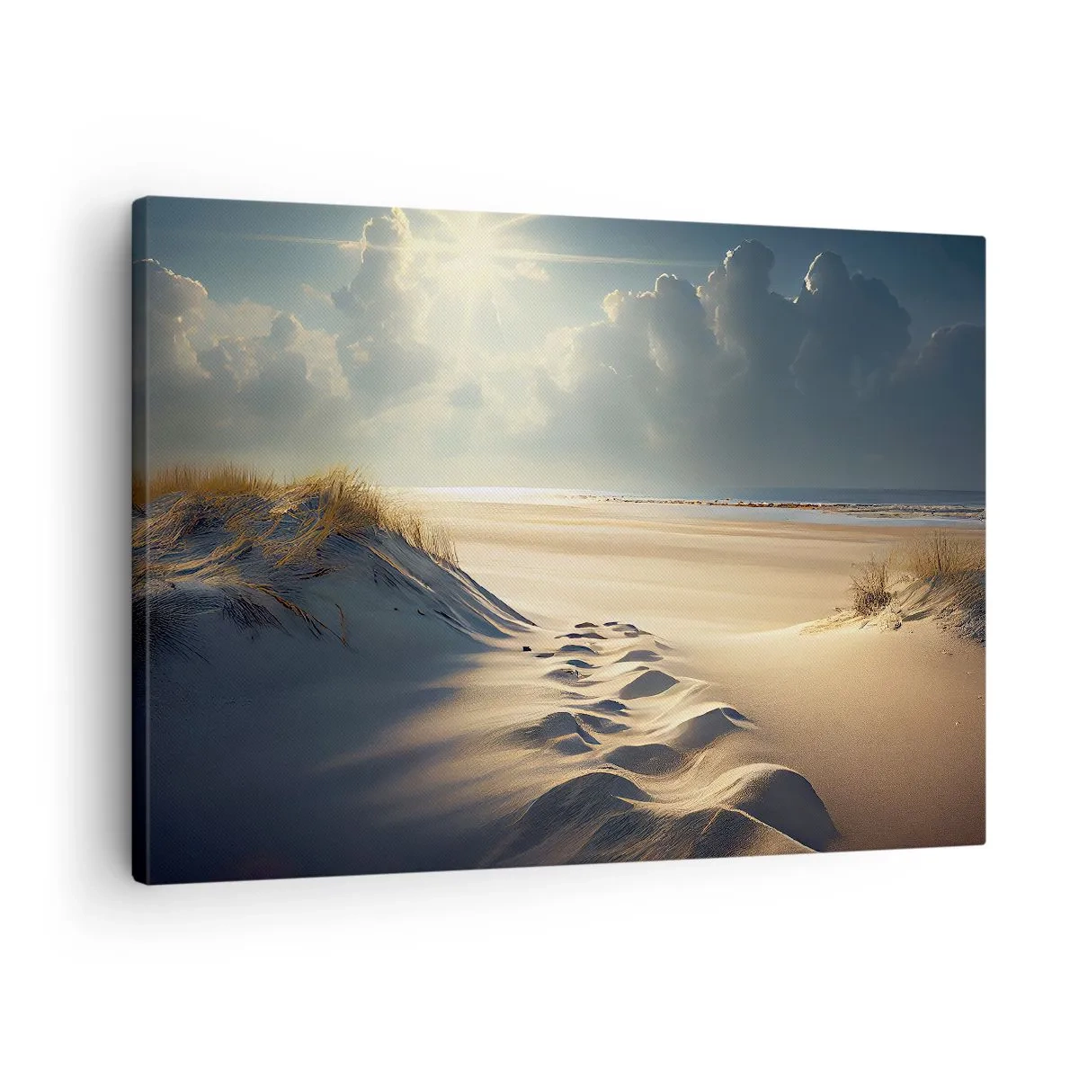 Obraz na plátne - Zlaté duny na pláži pri západe slnka s výhľadom na more - 70x50cm - Upokojujúca krajina - Moderná nástenná dekorácia do obývacej izby a spálne ARTTOR