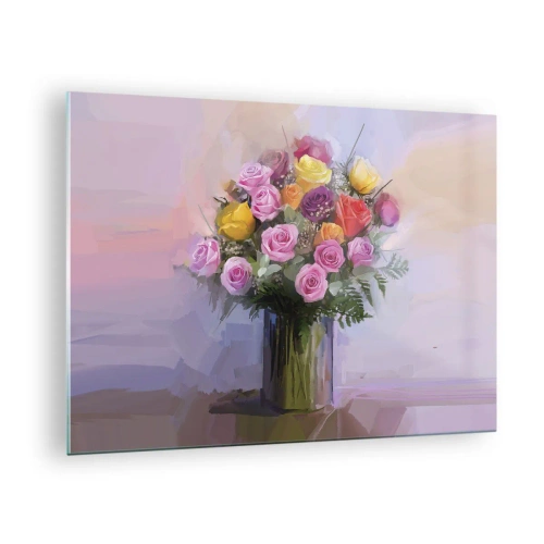Obraz na skle - Kytica ruží v sklenenej váze na pastelovom pozadí - 70x50cm - Zachytená krása - Moderná nástenná dekorácia do obývacej izby a spálne ARTTOR