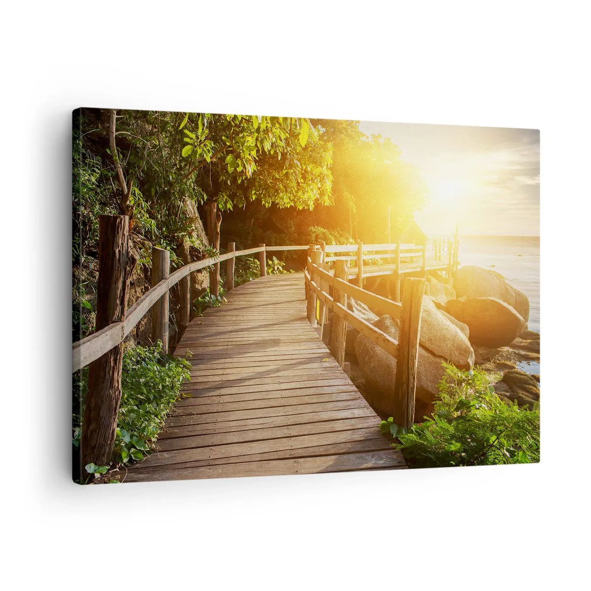 Obraz na plátne - Drevený most medzi zeleňou vedúci k moru v lúčoch slnka - 70x50cm - Ďalšia zákruta, ďalšie zázraky - Moderná nástenná dekorácia do obývacej izby a spálne ARTTOR