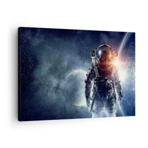 Obraz na plátne - Astronaut na pozadí vesmíru a planéty Zem - 70x50cm - Vesmírne dobrodružstvo - Moderná nástenná dekorácia do obývacej izby a spálne ARTTOR