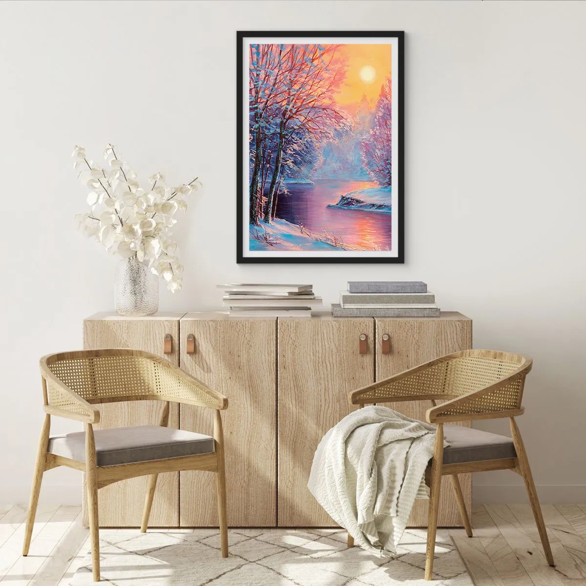 Plagát v čiernom ráme - Zimná krajina s riekou v žiari zapadajúceho slnka - 50x70cm - Farby zimy - Moderná nástenná dekorácia do obývacej izby a spálne ARTTOR