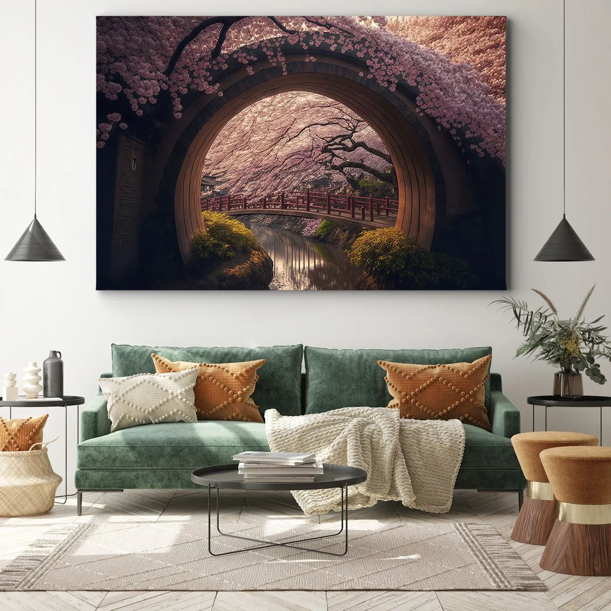 Obraz na plátne - Tradičný japonský most obklopený čerešňovými kvetmi - 70x50cm - Japonská jar - Moderná nástenná dekorácia do obývacej izby a spálne ARTTOR