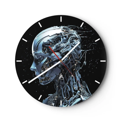 Nástenné hodiny - Profil humanoidného robota vyrobeného z futuristických káblov - 30x30cm - Technológia je žena - Moderná nástenná dekorácia do obývacej izby, kuchyne a spálne ARTTOR