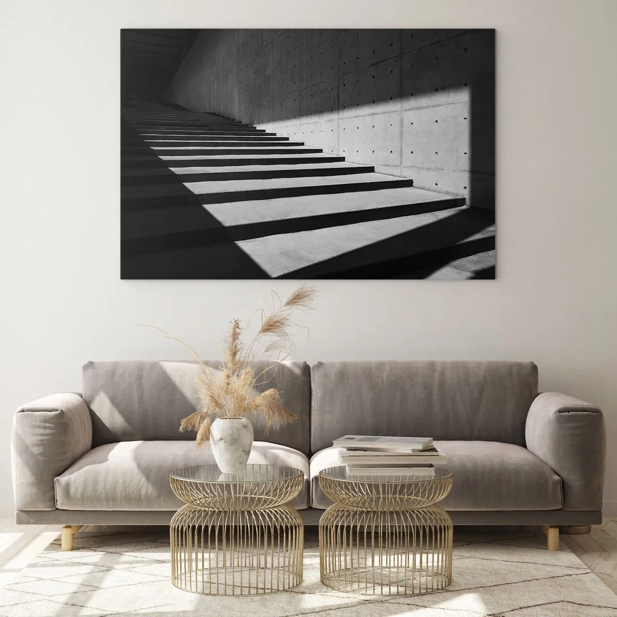 Obraz na skle - Betónové schody v ostrom svetle a tieni v modernom štýle - 70x50cm - Surová krása modernizmu - Moderná nástenná dekorácia do obývacej izby a spálne ARTTOR