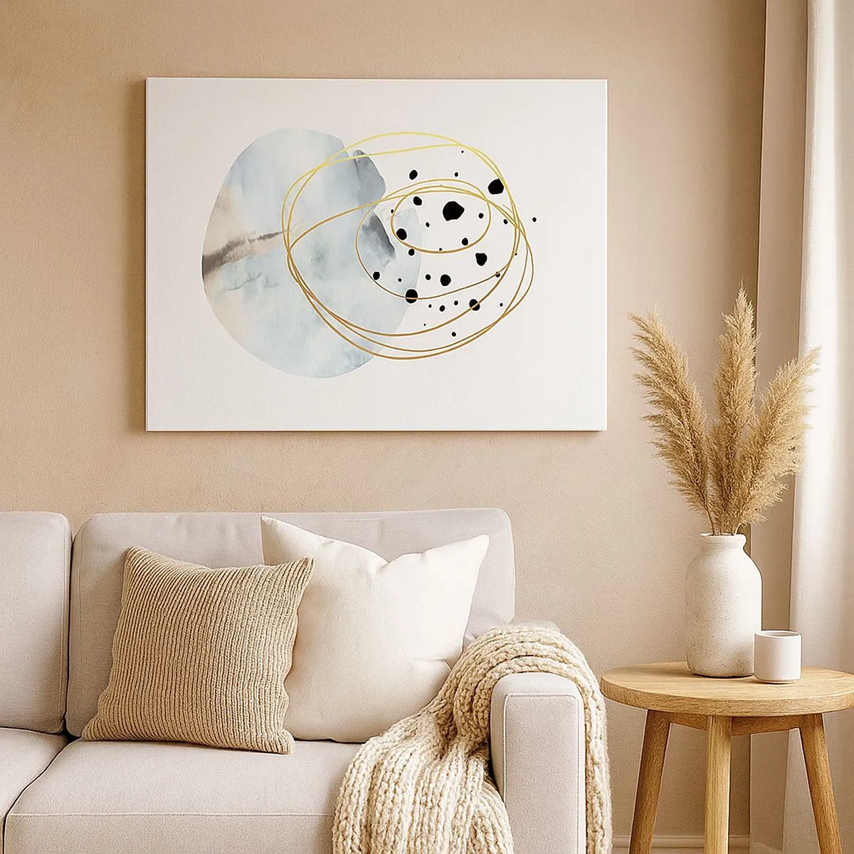 Obraz na plátne - Minimalistická abstrakcia s geometrickým vzorom a zlatými čiarami - 70x50cm - V objatí priestoru - Moderná nástenná dekorácia do obývacej izby a spálne ARTTOR