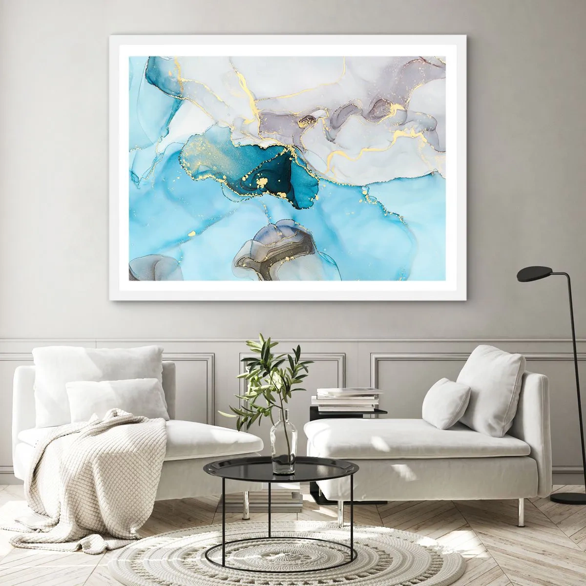 Plagát v bielom ráme - Štúdia o stretnutí šedej a tyrkysovej - 70x50 cm