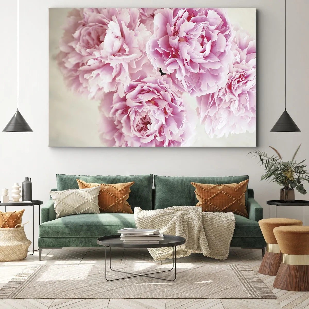 Obraz na plátne - Kytica ružových pivoniek na svetlom pozadí - 70x50cm - V ružovom prepychu - Moderná nástenná dekorácia do obývacej izby a spálne ARTTOR