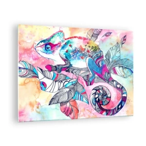 Obraz na skle - Farebný chameleón medzi listami v akvarelovom štýle - 70x50cm - Farebný ako náš svet - Moderná nástenná dekorácia do obývacej izby a spálne ARTTOR