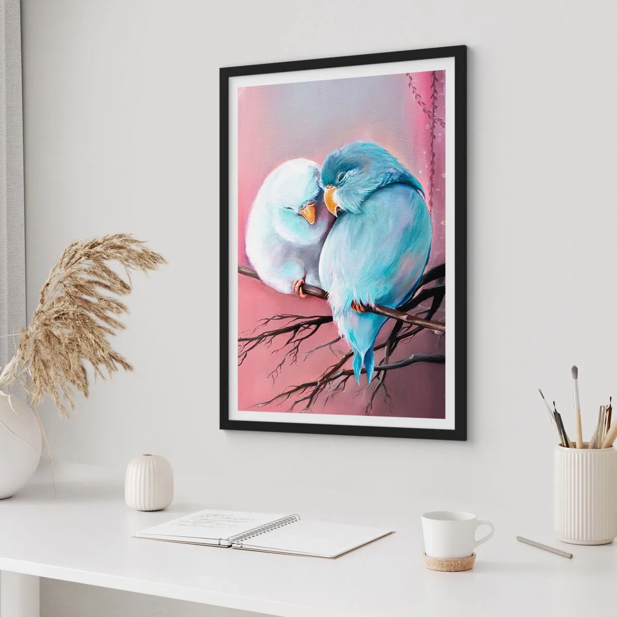 Plagát v čiernom ráme - Dva vtáky sediace na konári v romantickom prostredí - 50x70cm - Čo k tomu dodať? - Moderná nástenná dekorácia do obývacej izby a spálne ARTTOR
