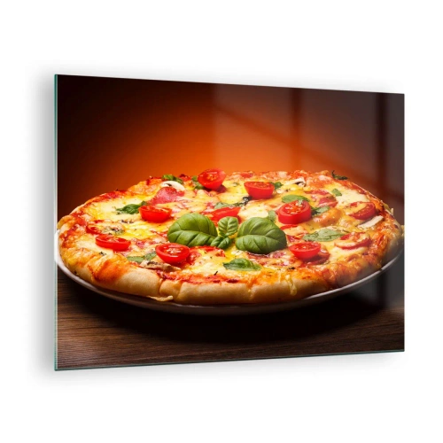 Obraz na skle - Pizza s paradajkami, bazalkou a roztaveným syrom - 70x50cm - Mamma mia! - Moderná nástenná dekorácia do obývacej izby a spálne ARTTOR