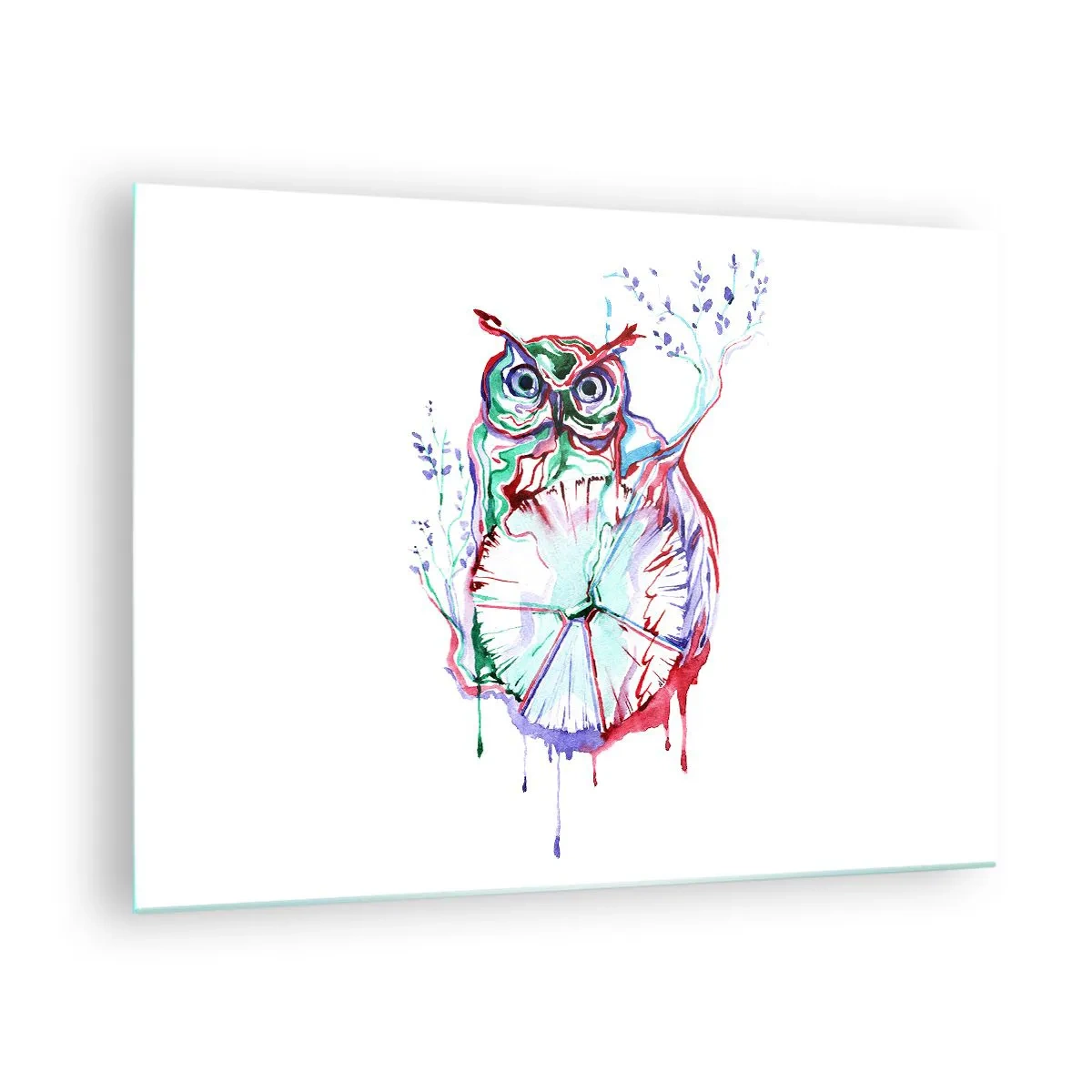 Obraz na skle - Abstraktná sova v farebnej akvarelovej kompozícii - 70x50cm - Múdra od prírody - Moderná nástenná dekorácia do obývacej izby a spálne ARTTOR