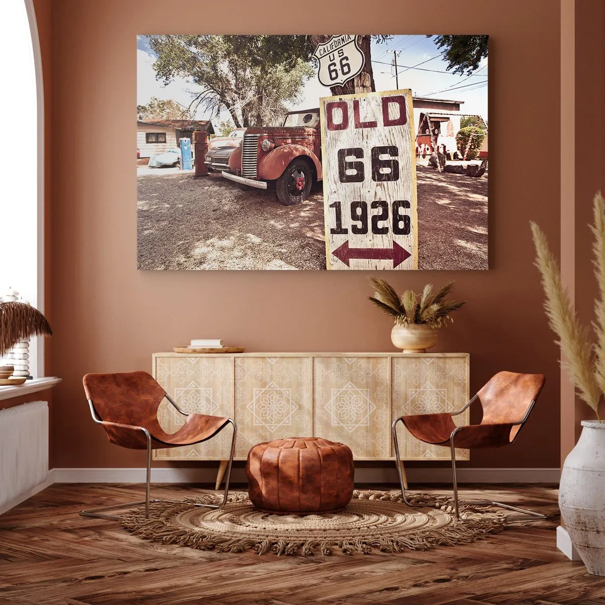 Obraz na plátne - Retro auto a značka Route 66 v rustikálnom prostredí - 70x50cm - Legenda americkej provincie - Moderná nástenná dekorácia do obývacej izby a spálne ARTTOR
