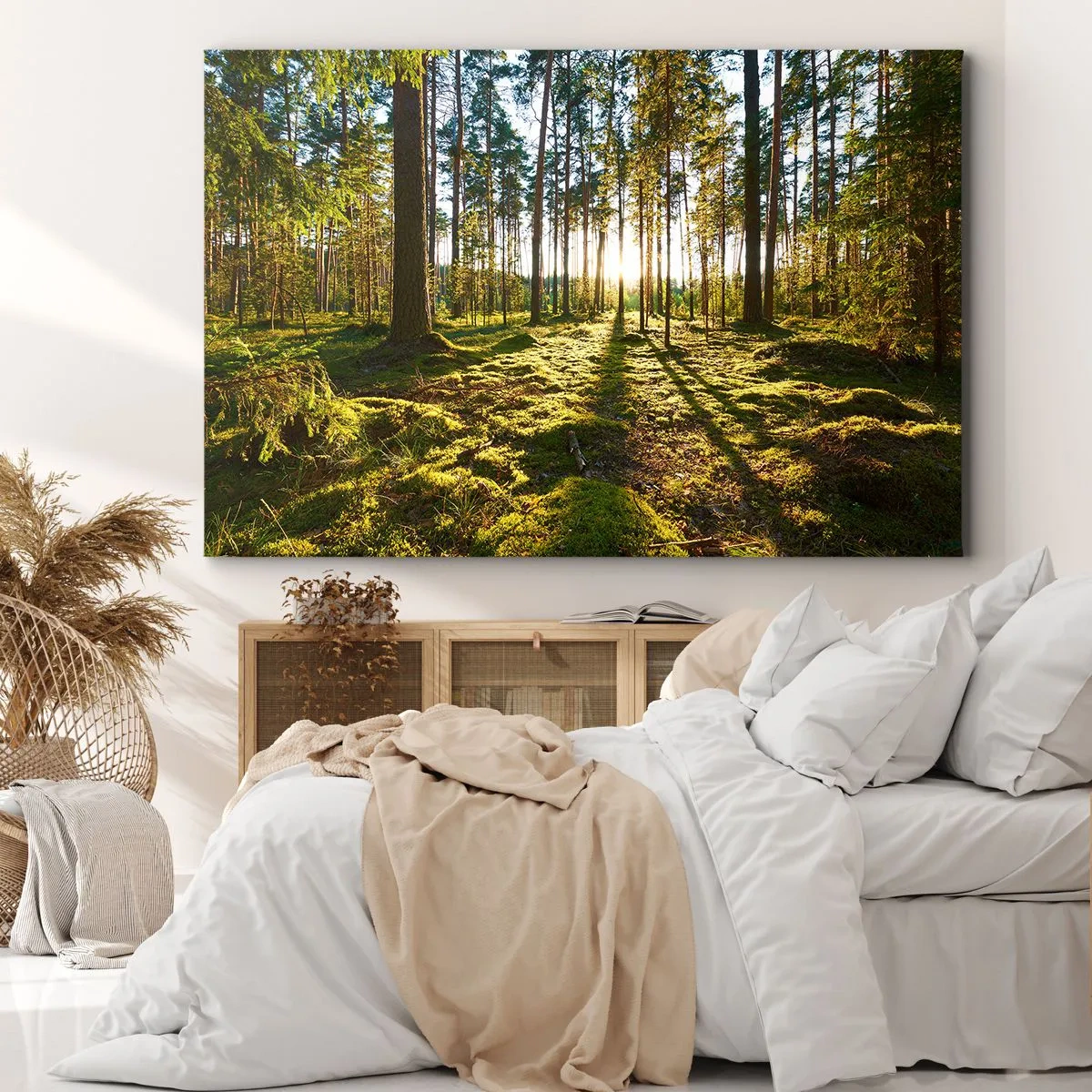 Obraz na plátne - Zelený les osvetlený slnečným svetlom na machu - 70x50cm - …Za siedmimi lesmi - Moderná nástenná dekorácia do obývacej izby a spálne ARTTOR