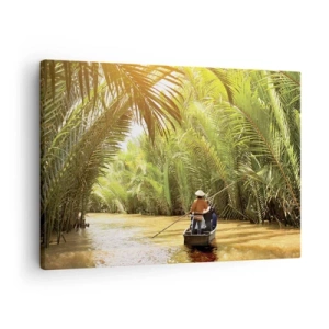 Obraz na plátne - Loď na rieke obklopenej tropickou vegetáciou - 70x50cm - Palmovou roklinou - Moderná nástenná dekorácia do obývacej izby a spálne ARTTOR