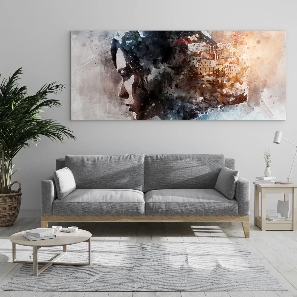 Obraz na skle - Príbeh o dievčati s mestom v pozadí - 100x40 cm