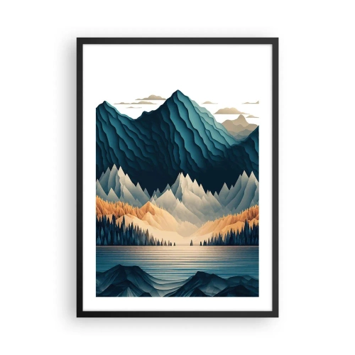 Plagát v čiernom ráme - Štylizovaná horská krajina s jazerom v odtieňoch modrej - 50x70cm - Dokonalá horská krajina - Moderná nástenná dekorácia do obývacej izby a spálne ARTTOR
