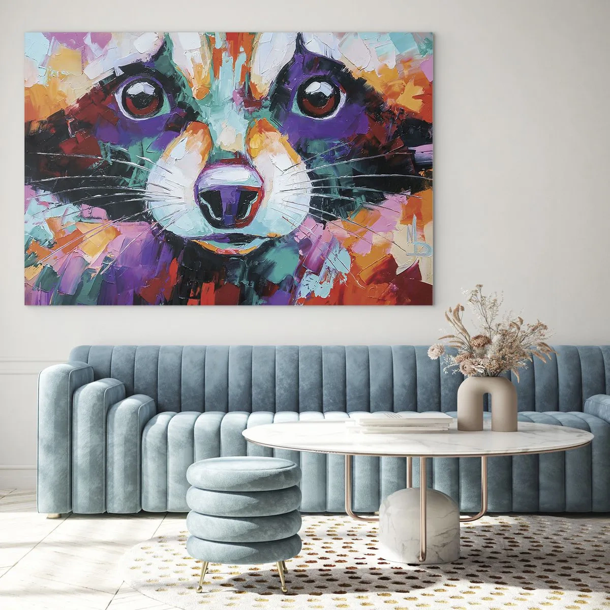 Obraz na skle - Živý a farebný portrét mývala namaľovaný výraznými ťahmi štetcom - 70x50cm - Iba dobré emócie - Moderná nástenná dekorácia do obývacej izby a spálne ARTTOR