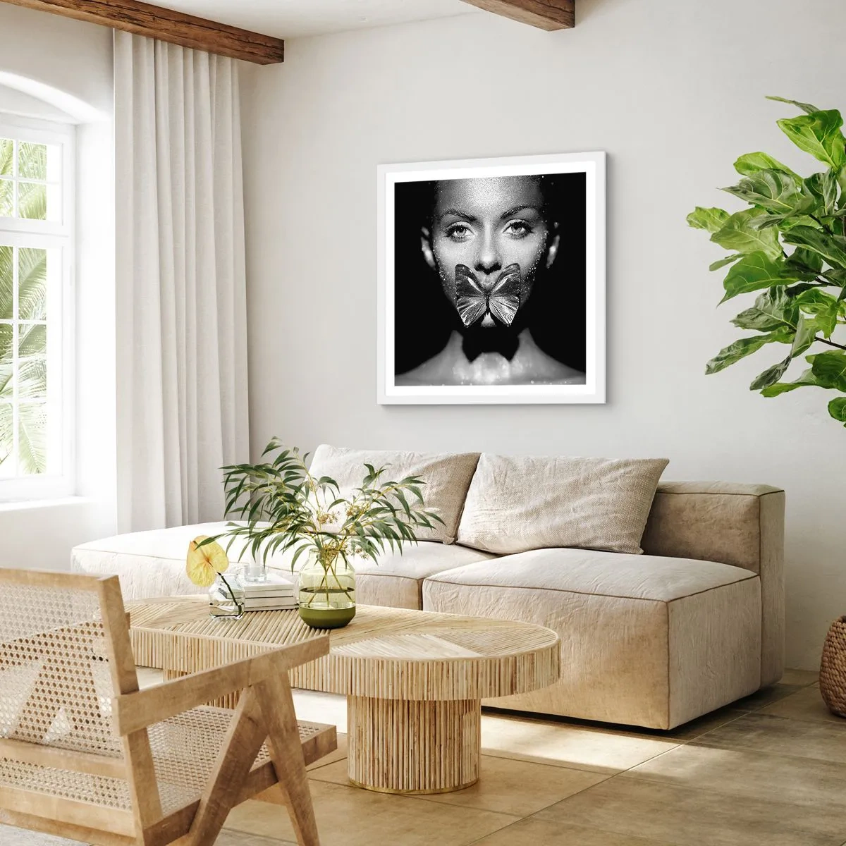 Plagát v bielom ráme - Motýlí bozk - 60x60 cm