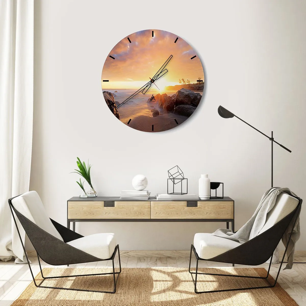 Nástenné hodiny - Západ slnka nad morom s kameňmi a teplým svetlom - 30x30cm - Svetlý večerný vánok - Moderná nástenná dekorácia do obývacej izby, kuchyne a spálne ARTTOR
