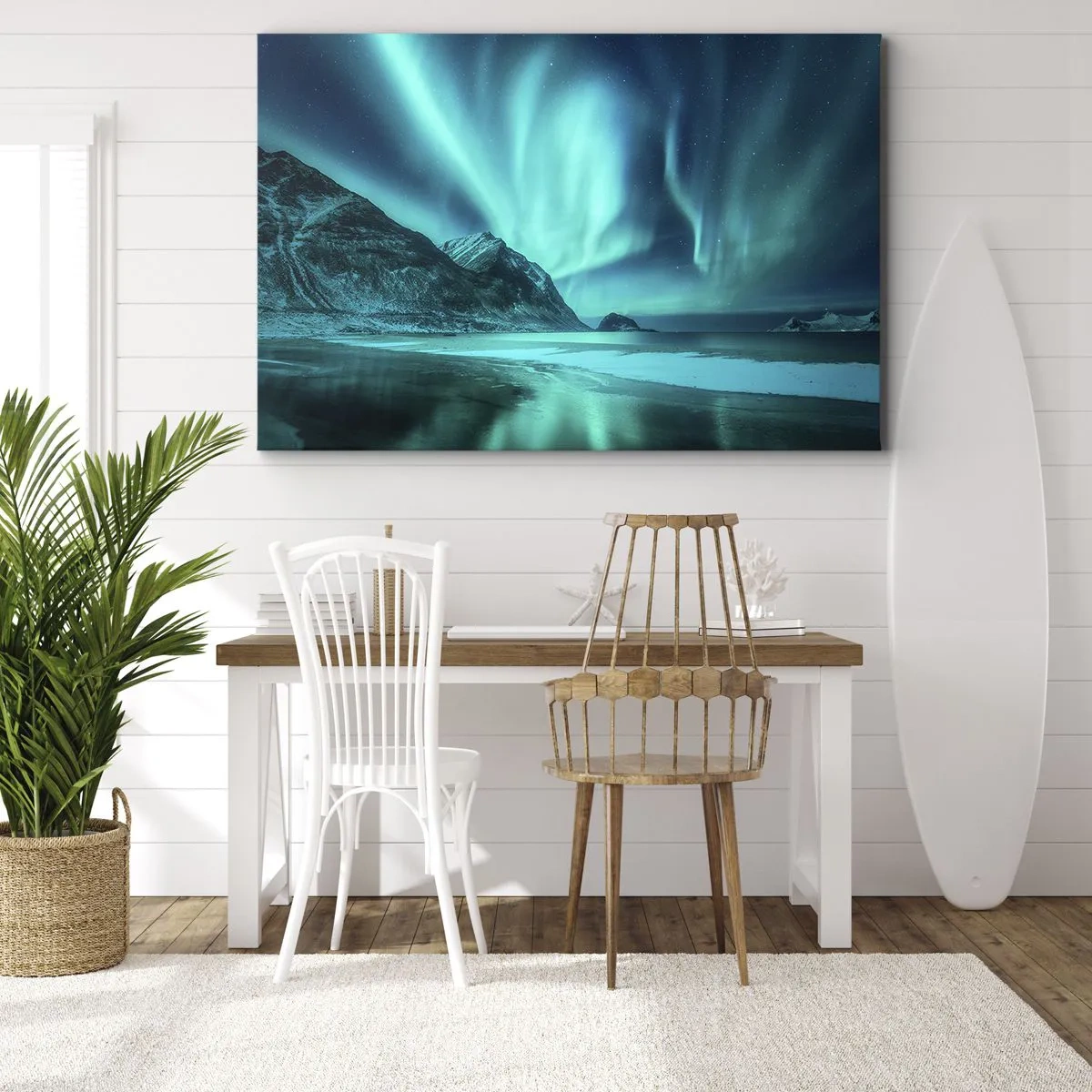 Obraz na plátne - Polárna žiara nad hornatou zimnou krajinou - 70x50cm - Divy severu - Moderná nástenná dekorácia do obývacej izby a spálne ARTTOR