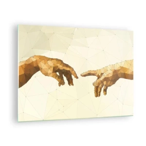 Obraz na skle - Štylizovaná verzia obrazu „Stvorenie Adama“ v polygónovej technike - 70x50cm - Božská geometria - Moderná nástenná dekorácia do obývacej izby a spálne ARTTOR
