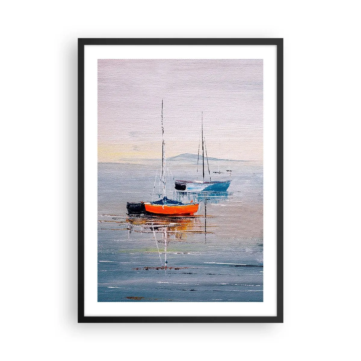 Plagát v čiernom ráme - Plachetnice na pokojnej vode - 50x70cm - Zaslúžený odpočinok - Moderná nástenná dekorácia do obývacej izby a spálne ARTTOR