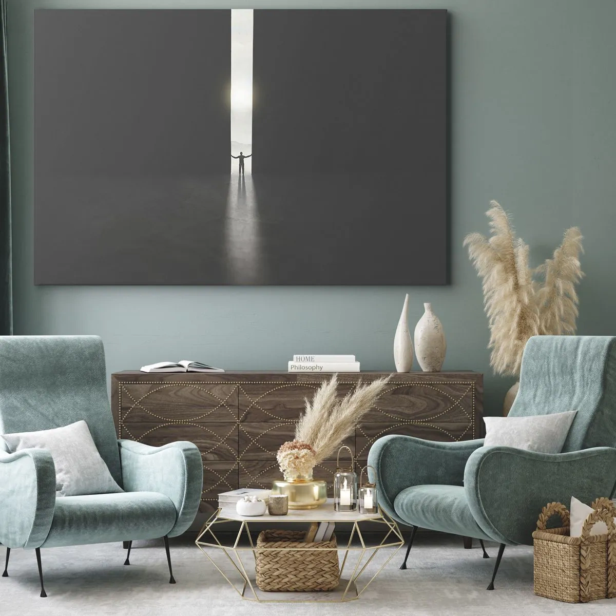 Obraz na plátne - Muž stojaci vo svetle úzkej štrbiny v tmavom priestore - 70x50cm - Krok k svetlej budúcnosti - Moderná nástenná dekorácia do obývacej izby a spálne ARTTOR
