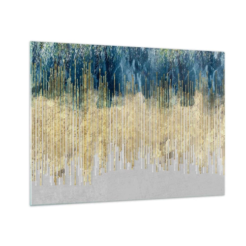 Obraz na skle - Zlaté zvislé čiary na tmavomodrom lesnom pozadí - 70x50cm - Pozlátená hranica - Moderná nástenná dekorácia do obývacej izby a spálne ARTTOR