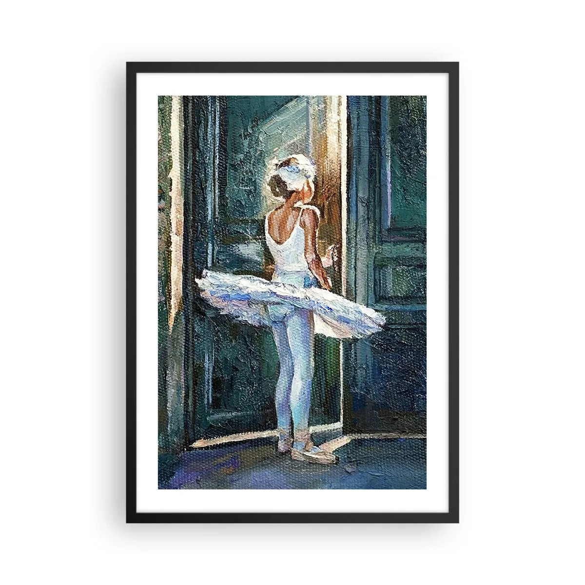 Plagát v čiernom ráme - Baletka vo svetle dverí v impresionistickom štýle - 50x70cm - Pred predstavením - Moderná nástenná dekorácia do obývacej izby a spálne ARTTOR