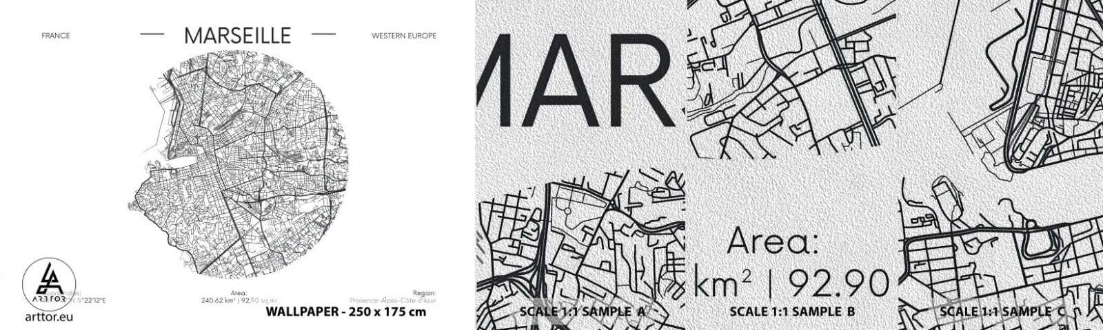 Vzorka fototapety Premium Sand - Anatómia Marseille - Mapa, Marseille, Francúzsko - 100x30 cm