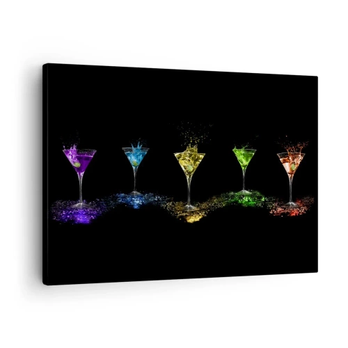 Obraz na plátne - Farebné koktaily v pohároch na čiernom pozadí - 70x50cm - Farby radosti v krištáľovom skle - Moderná nástenná dekorácia do obývacej izby a spálne ARTTOR
