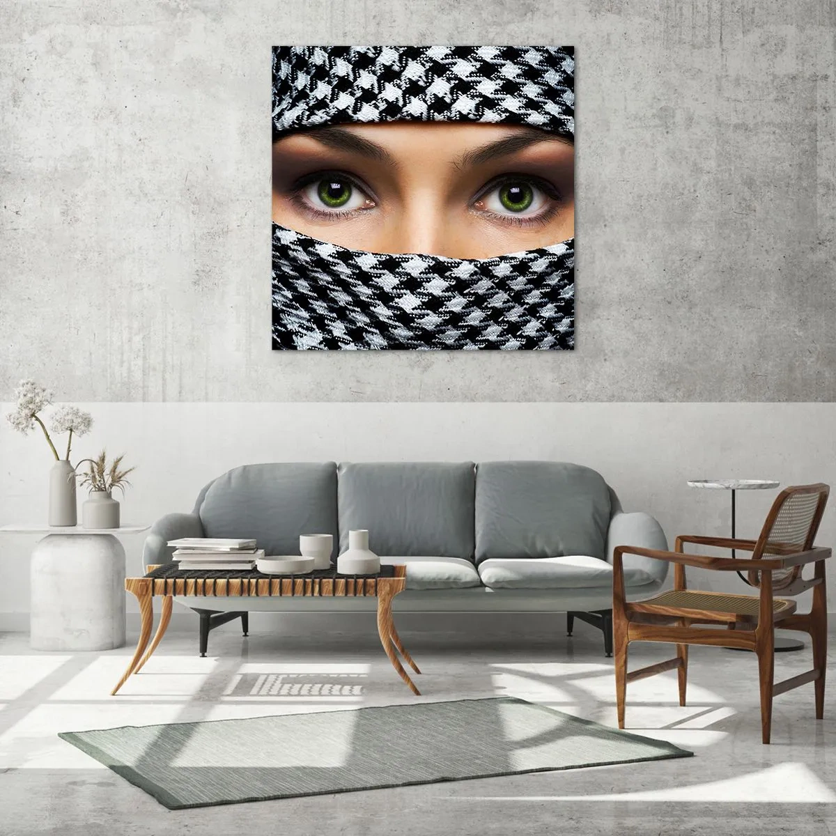 Obraz na skle - Portrét zahalenej zelenookej krásky - 60x60 cm