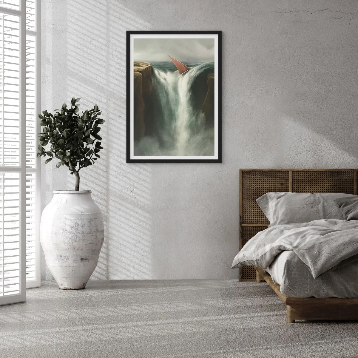 Plagát v čiernom ráme - Plachetnica padá cez vodopád v surrealistickej krajine. - 50x70cm - Životné varovanie - Moderná nástenná dekorácia do obývacej izby a spálne ARTTOR