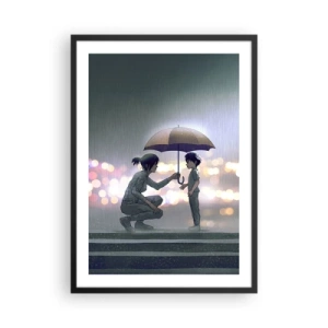 Plagát v čiernom ráme - Dospelý podáva dieťaťu dáždnik na daždivom pozadí - 50x70cm - A všetko je v poriadku - Moderná nástenná dekorácia do obývacej izby a spálne ARTTOR